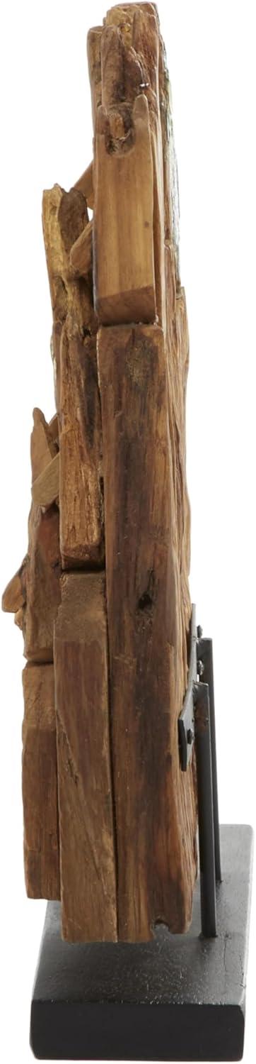 13" x 16" Brown Teak Wood Handmade Carved Abstract Sculpture with Faces, by DecMode