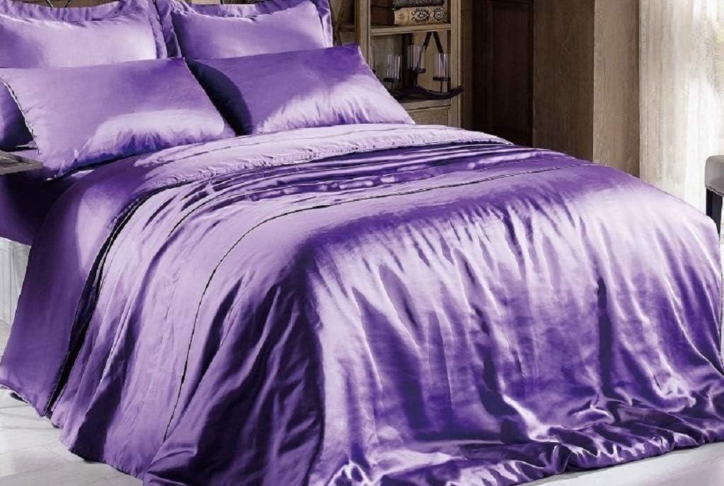 Hight Thread Count Solid Color Soft Silky Charmeuse Satin Luxury and Super Soft Bed Sheet Set (Purple, Queen)