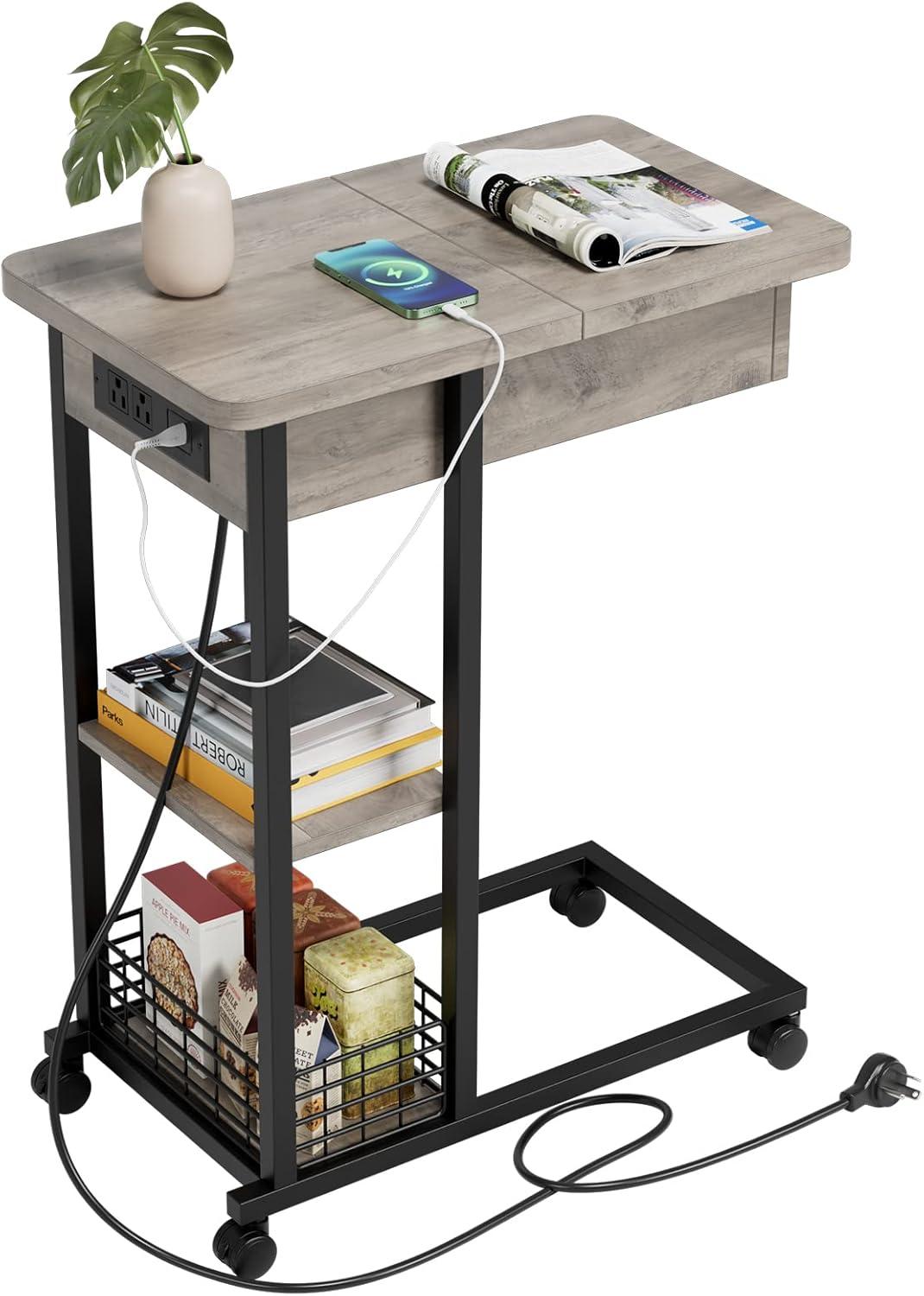 C-Shaped Side Table with Charging Station, Flip Top End Table with USB Ports and Outlets