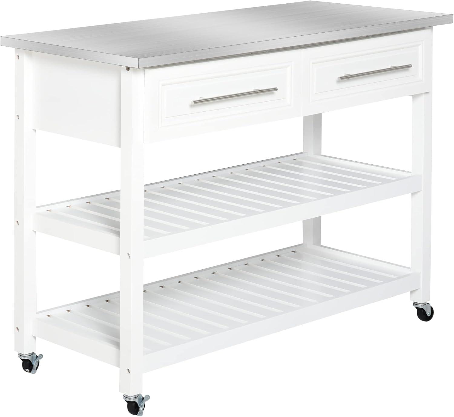 HOMCOM Kitchen Island with Stainless Steel Top, Traditional Kitchen Island with Storage, 2-Tier Open Shelves, Drawers