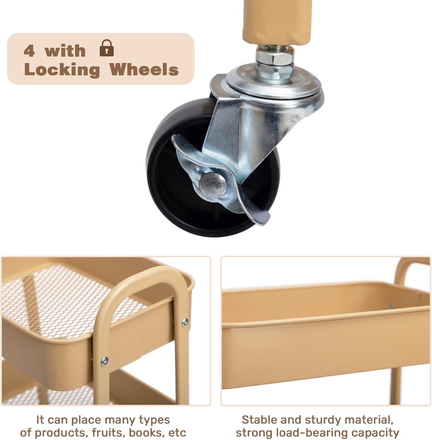 ZUNMOS 3 Tier Utility Rolling Cart, Metal Mobile Storage Cart with Lockable Caster Wheels, Storage Shelves Organizer Cart for Livingroom, Bathroom, Kitchen, & Narrow Places, White