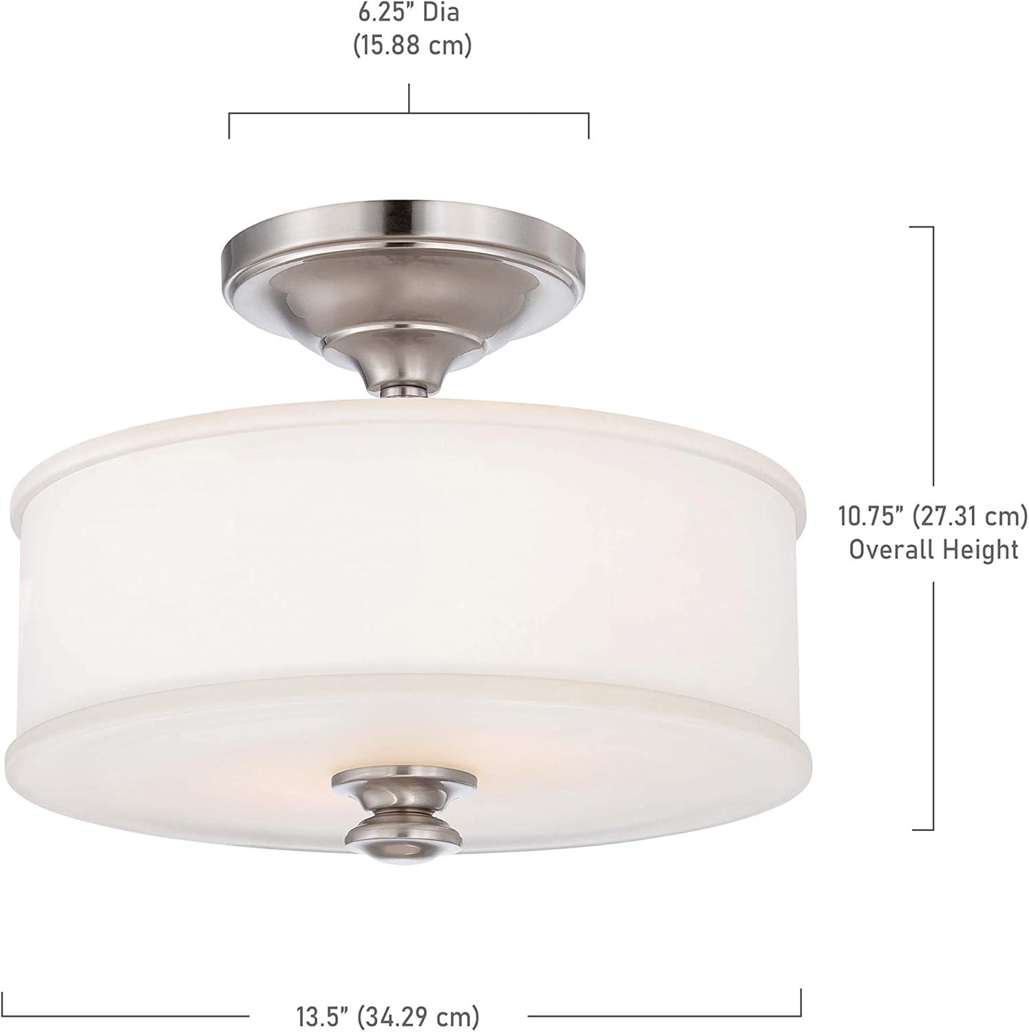 Etched White Glass & Brushed Nickel 2-Light Semi-Flush Ceiling Fixture