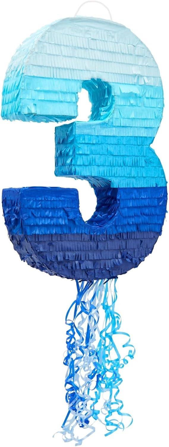 Blue Panda Number 3 Pull String Pinata for Boys 3rd Birthday Party Decorations, Ombre Blue, 16.5 x 11 x 3 In