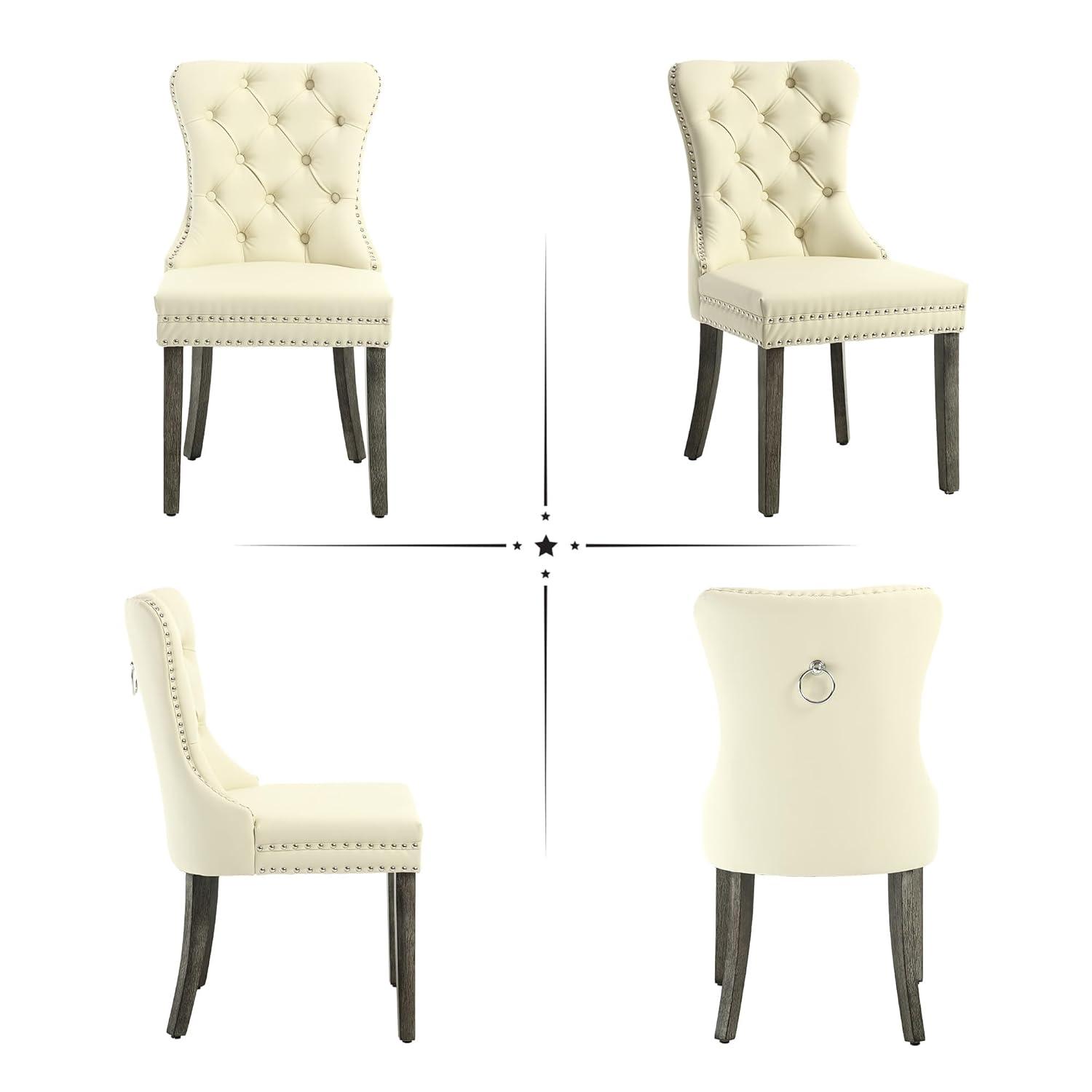 BELLEZE Upholstered Dining Chairs Set of 2, Velvet Luxury Dining Room Chairs with Button Back, Nailhead Trim, Pull-ring, Solid Wood Legs for Kitchen, Living Room, Restaurant - Chandler (Beige)