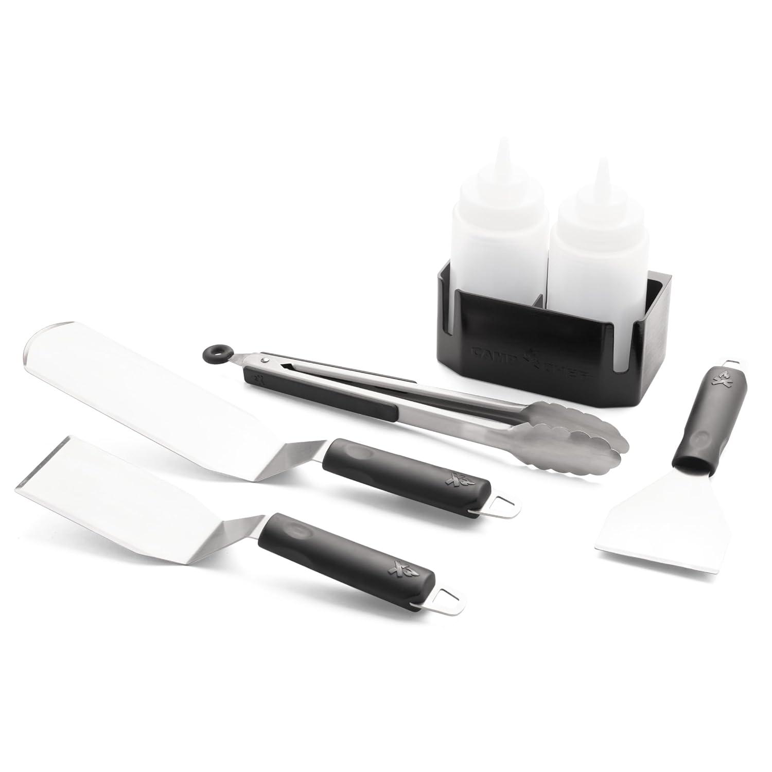 Camp Chef Griddle Essentials Kit - Flat-Top Griddle Accessories Include 2 Grill Spatulas, Grilling Tongs, Grill Scraper, 2 Squeeze Bottles & Magnetic Bottle Holder