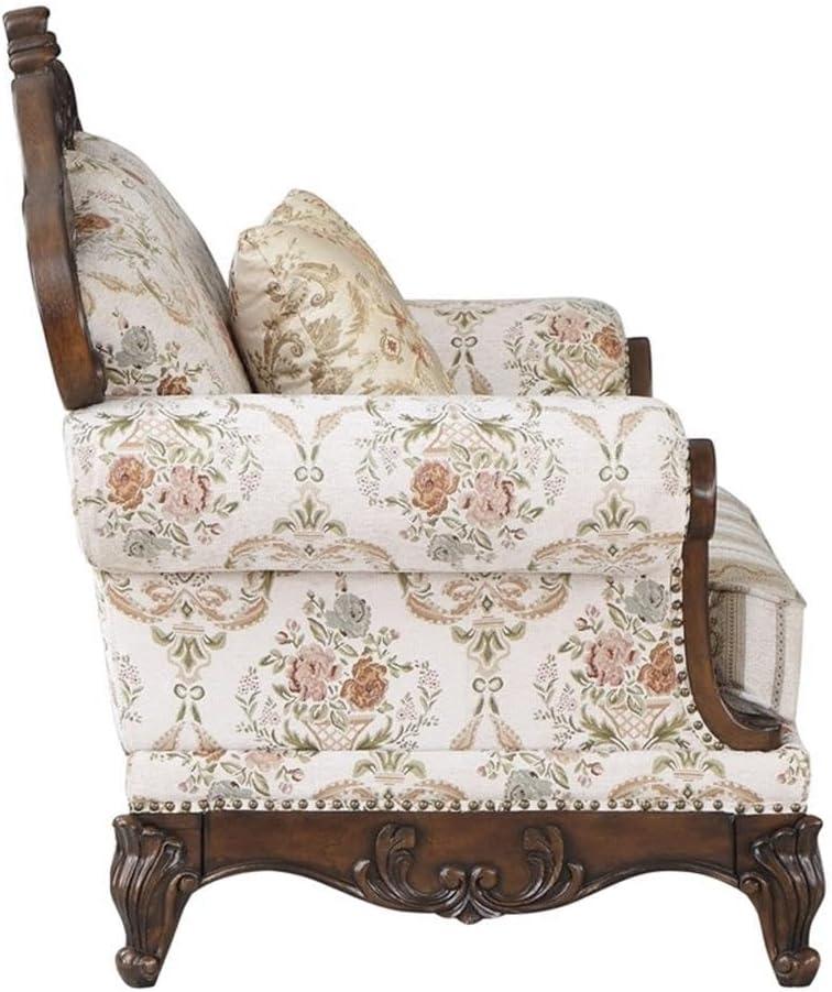 Nayla Walnut Floral Fabric Rolled Arm Sofa with Pillows