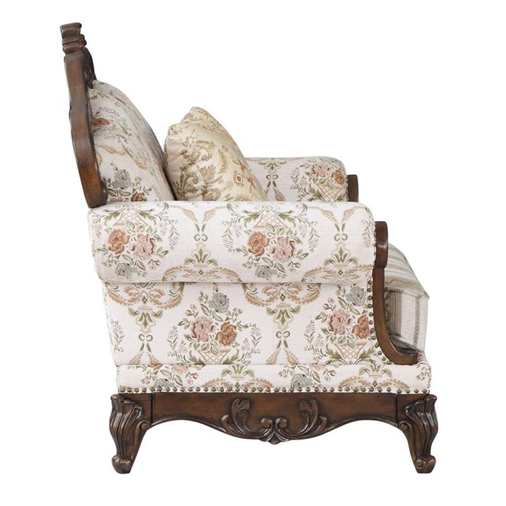 Nayla Walnut Floral Fabric Rolled Arm Sofa with Pillows
