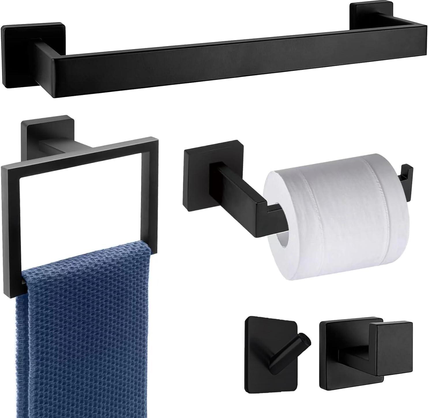 5 Pieces Square Matte Black Stainless Steel Bathroom Accessories Set Include 23.6 in Towel Bar, Toilet Paper Holder, Towel Ring, 2 Robe Towel Hooks