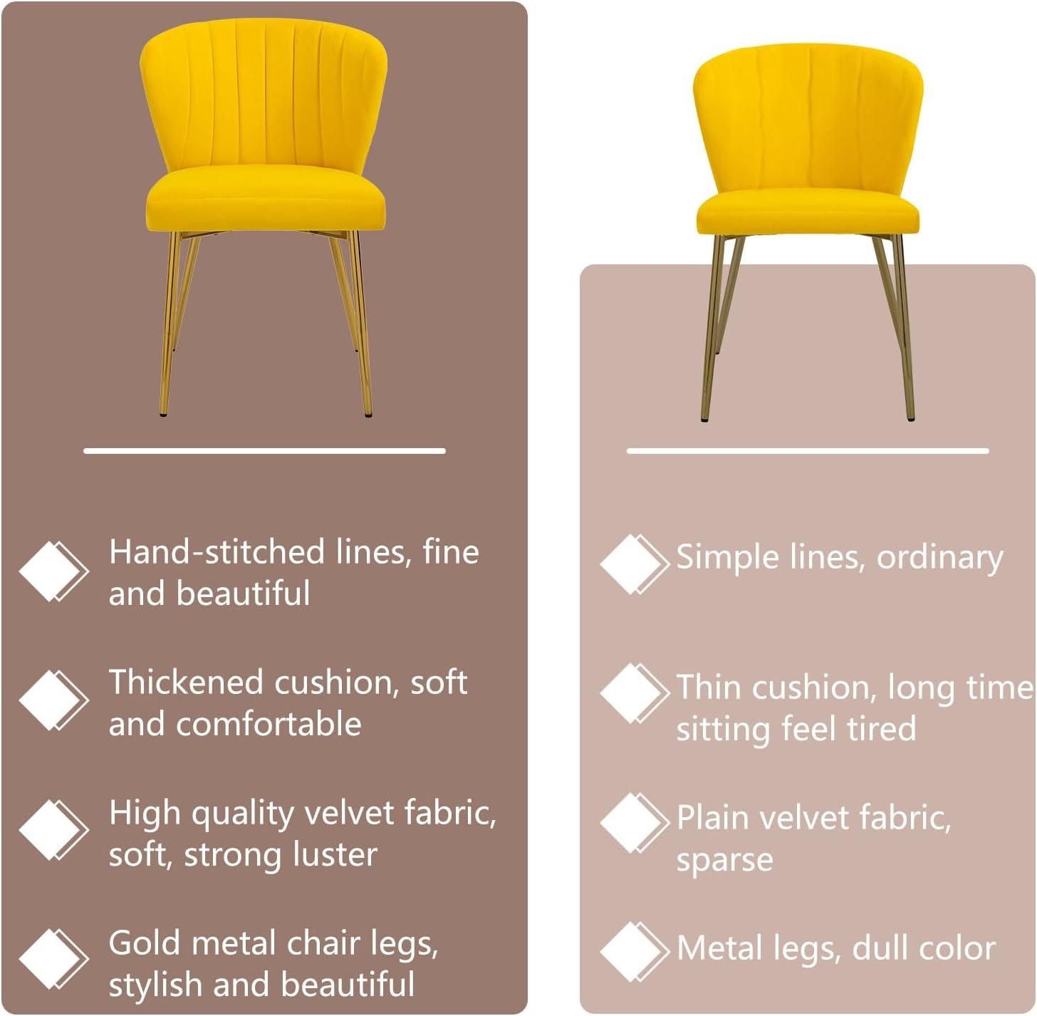 Yellow Velvet Upholstered Side Chair with Gold Legs, Set of 2