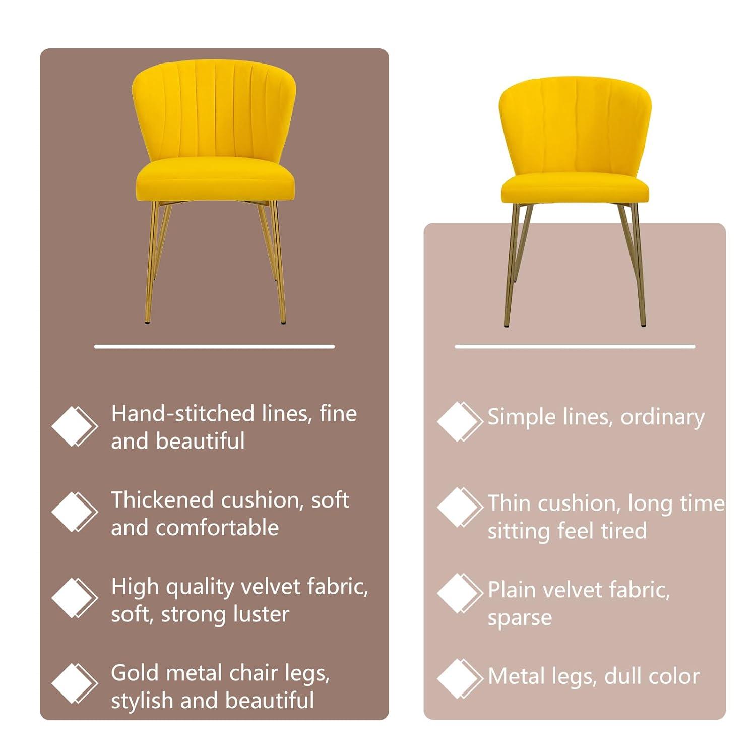 ANOUR Modern Dining Chairs, Velvet Accent Chair, Living Room Chairs, Set of 2, Upholstered Side Chair with Golden Metal Legs for Dining Room Kitchen Vanity Patio (Yellow, 2 Pack)