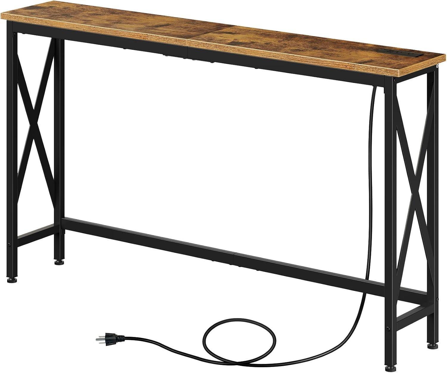 Rustic Brown Metal Frame Console Table with Power Outlet