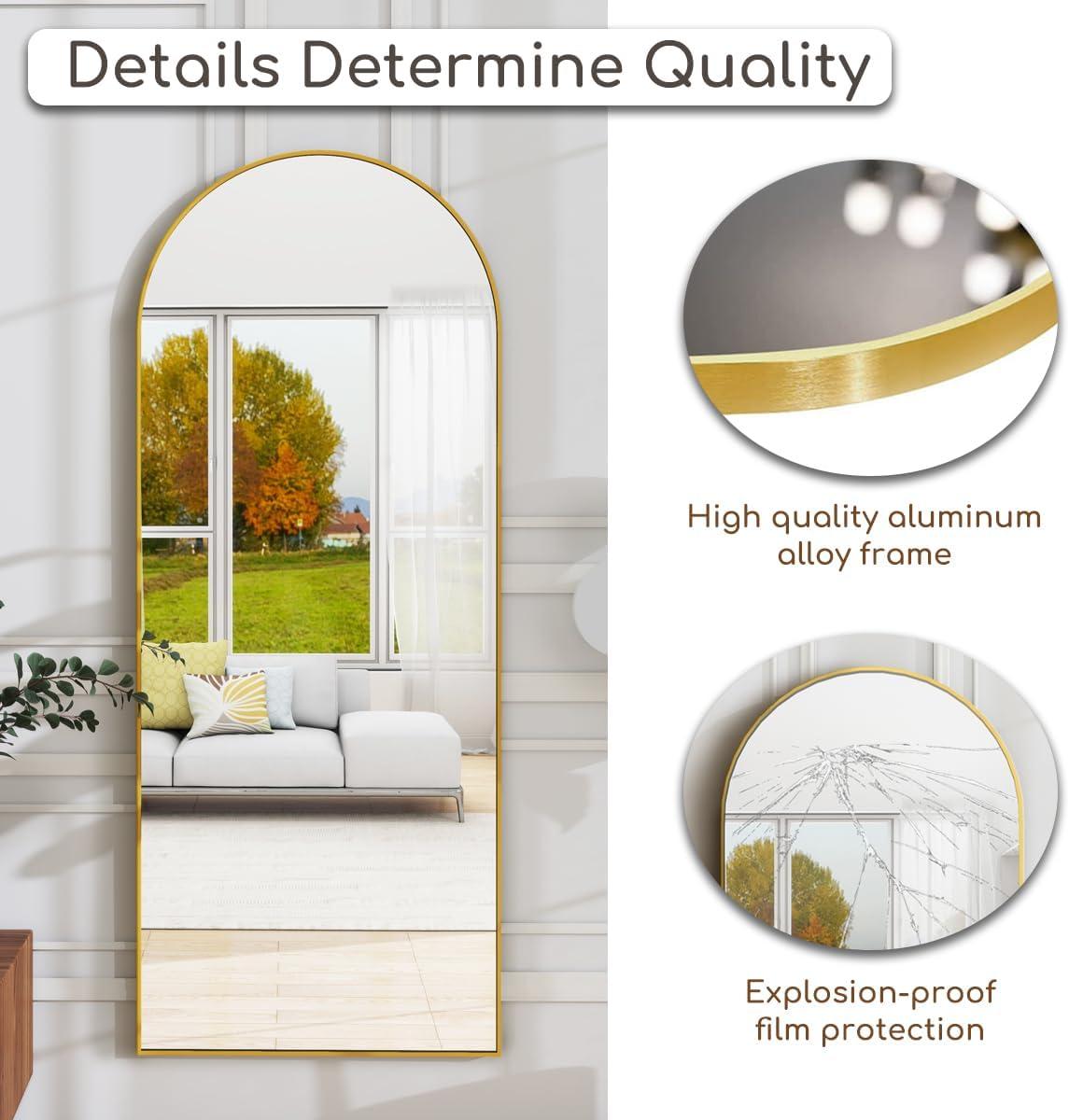 GLSLAND Full Length Mirror Arch Standing Floor Mirror, 64"x21" Arched Wall Mirror, Gold