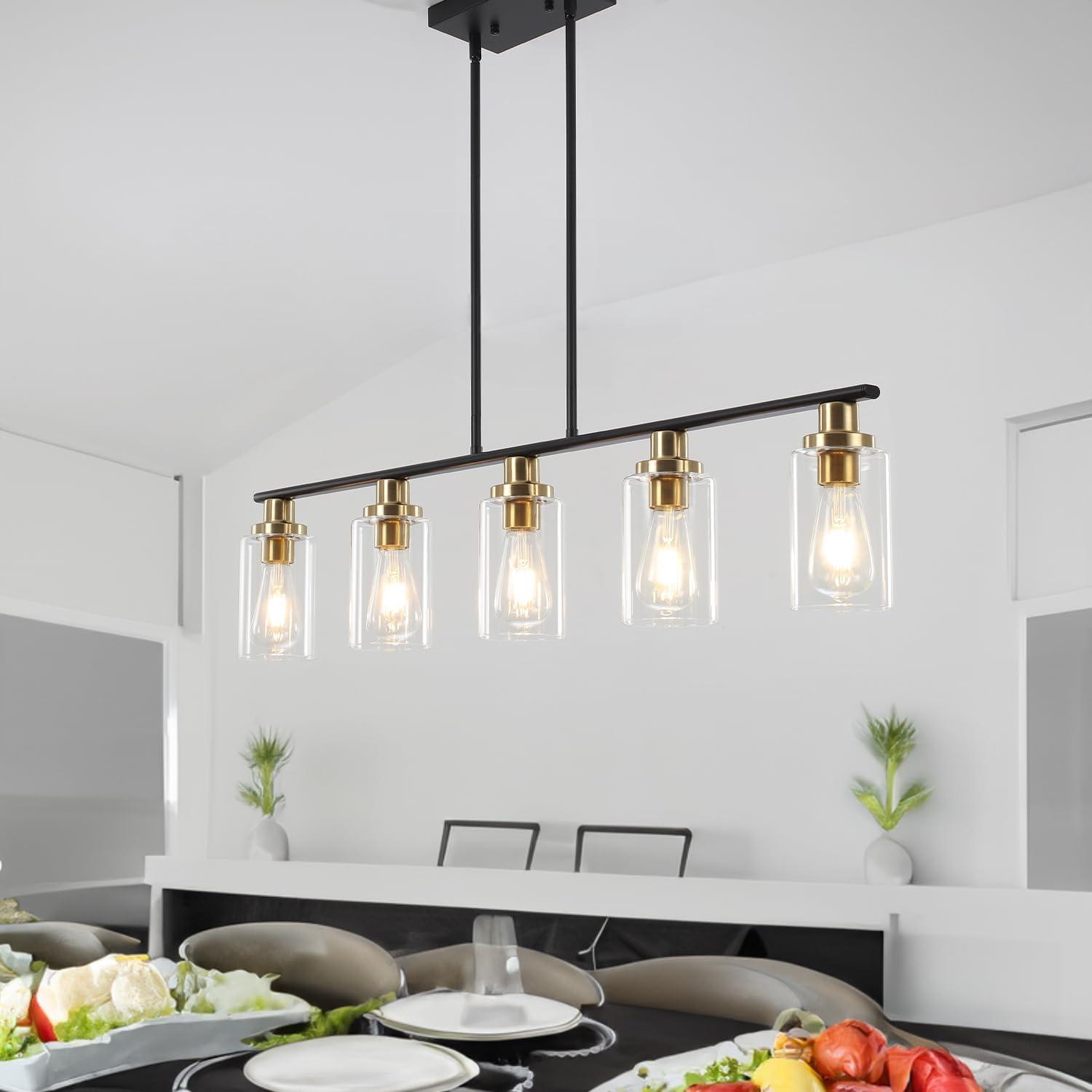 Island Light for Kitchen, 5 Lights Dining Room Lights Fixture with Clear Glass Shade, Matte Black and Gold Finish Pendant Lighting Over Table - ETL Listed