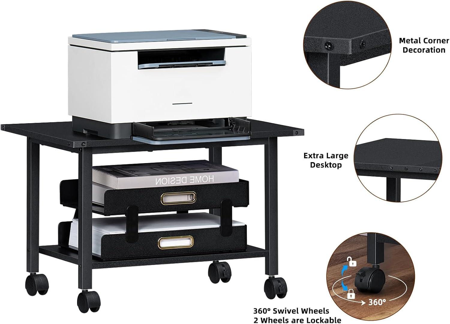 Black Metal 2-Tier Mobile Printer Stand with Shelf