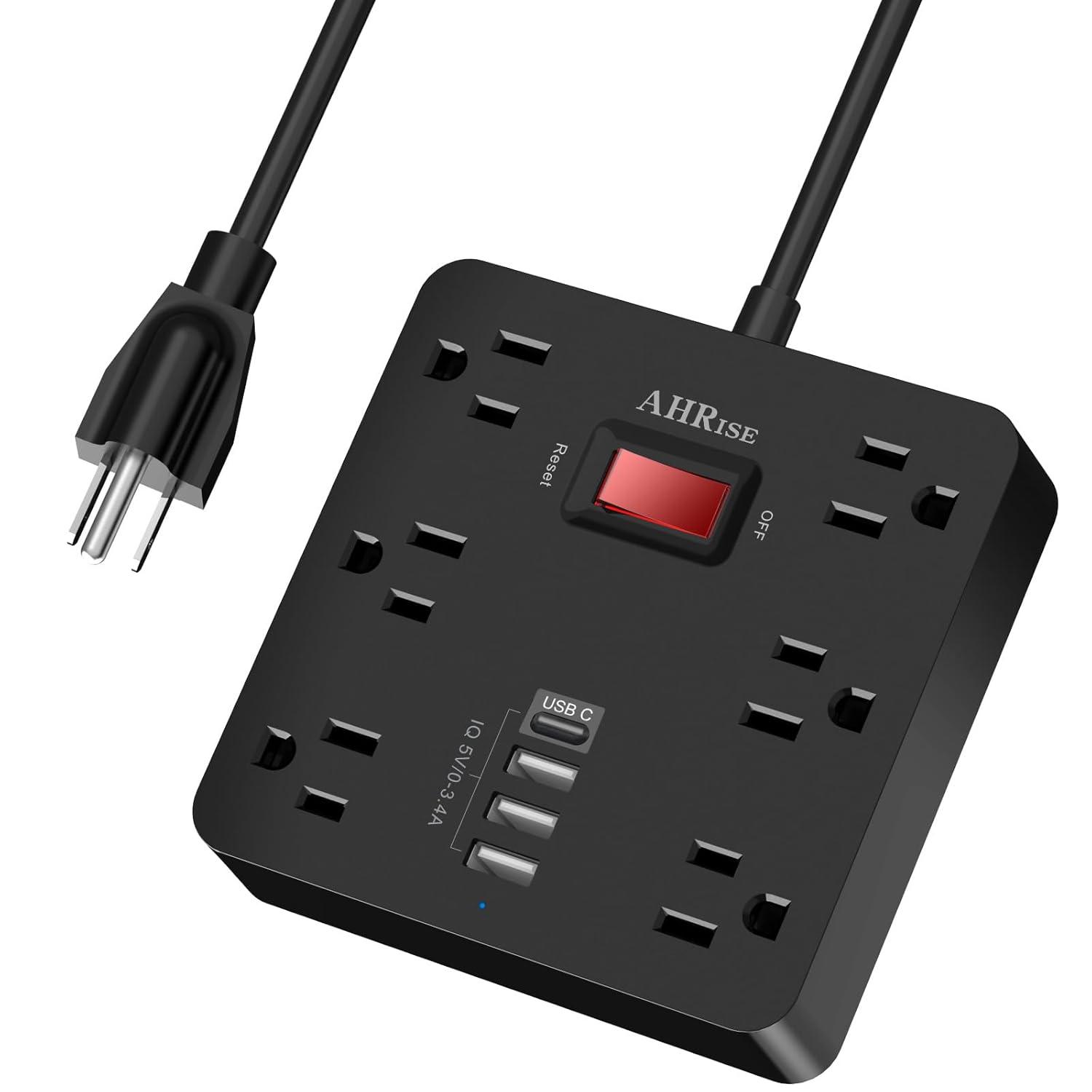 ONDOG 5ft Extension Cord - 6 AC Outlets and 4 USB Charging Ports, Power Strip for Home, Office, Black