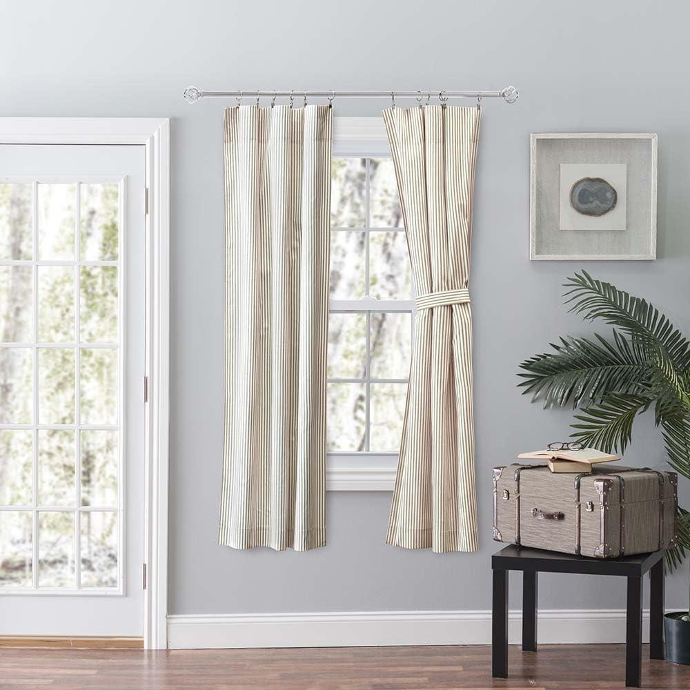 Ellis Curtain Plaza Classic Ticking Stripe Printed 3" Rod Pocket Tailored Panel Pair with Tiebacks Tan