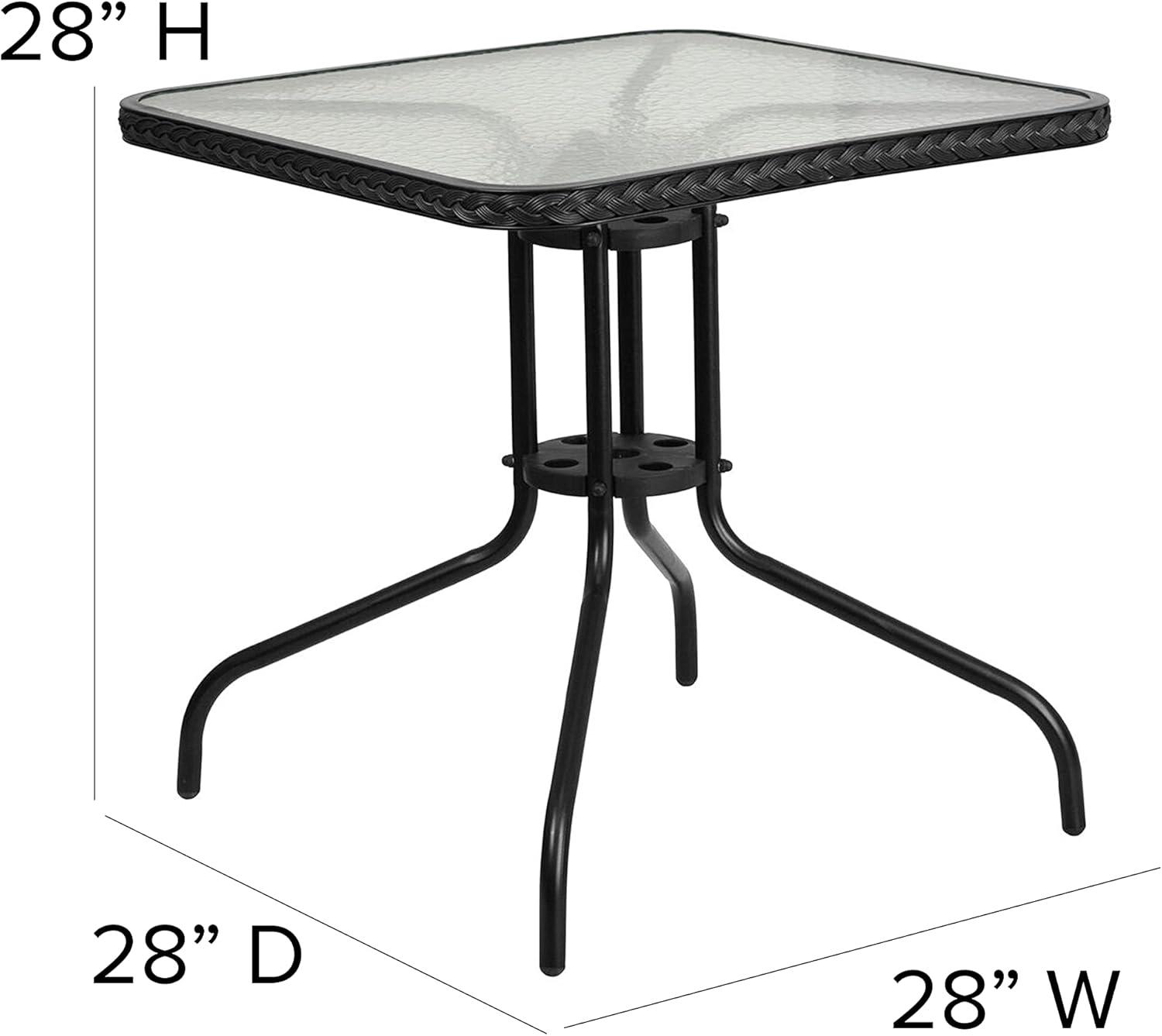 Emma and Oliver 28" Square Tempered Glass Metal Table with Rattan Edging