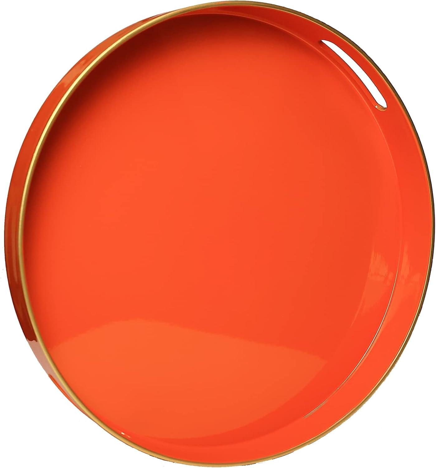 13" Orange Plastic Round Serving Tray with Handles