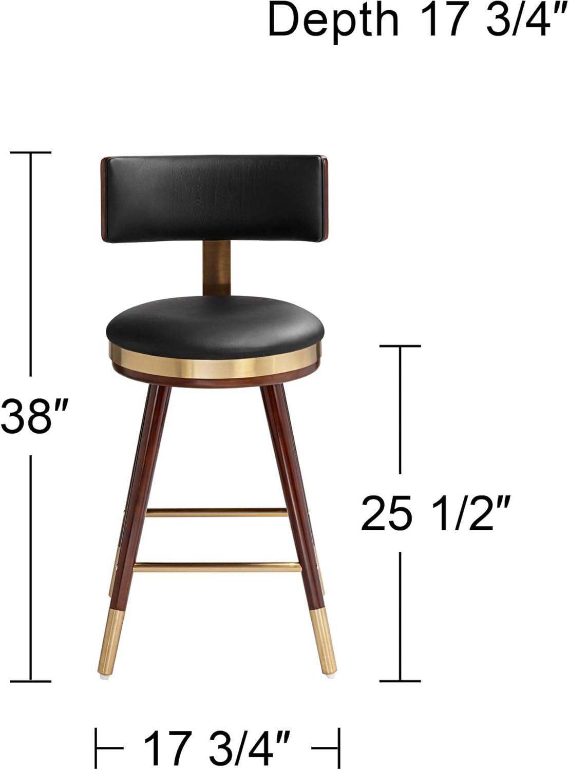 Studio 55D Walnut Bar Stool Brown 25 1/2" High Mid Century Black Leather with Backrest for Kitchen Counter Height Island