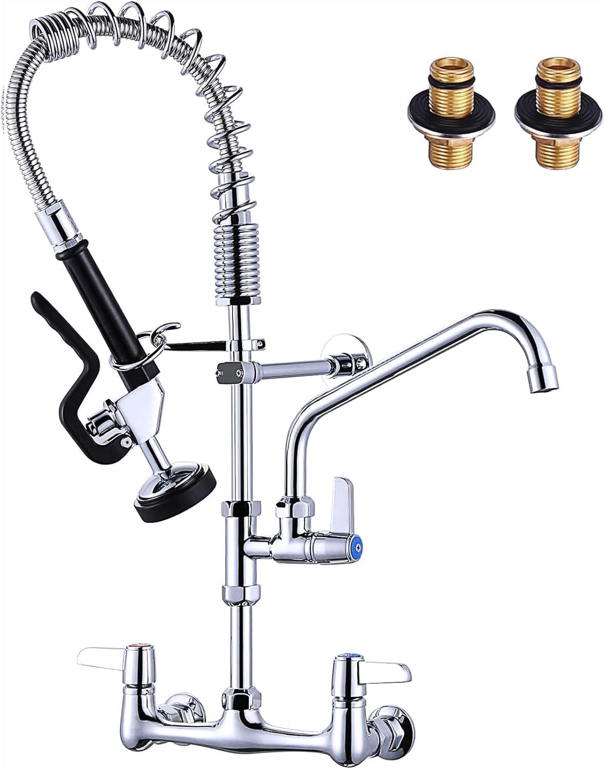 Commercial Kitchen Sink Faucet with Pull Down Sprayer, Pre-Rinse Commercial Fucet Chrome Kitchen Wall Mount Faucets with Sprayer 25" Height Water Faucets with 9.6" Add-on Swing Spout for Restaurant