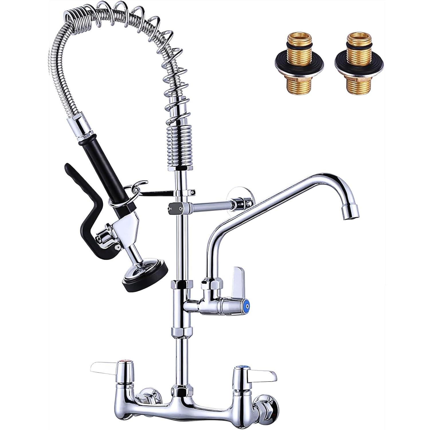 Commercial Kitchen Sink Faucet with Pull Down Sprayer, Pre-Rinse Wall Mount Faucet Chrome Commercial Kitchen Faucets with Sprayer 25" Height Water Faucets with 9.6" Add-on Swing Spout for Restaurant