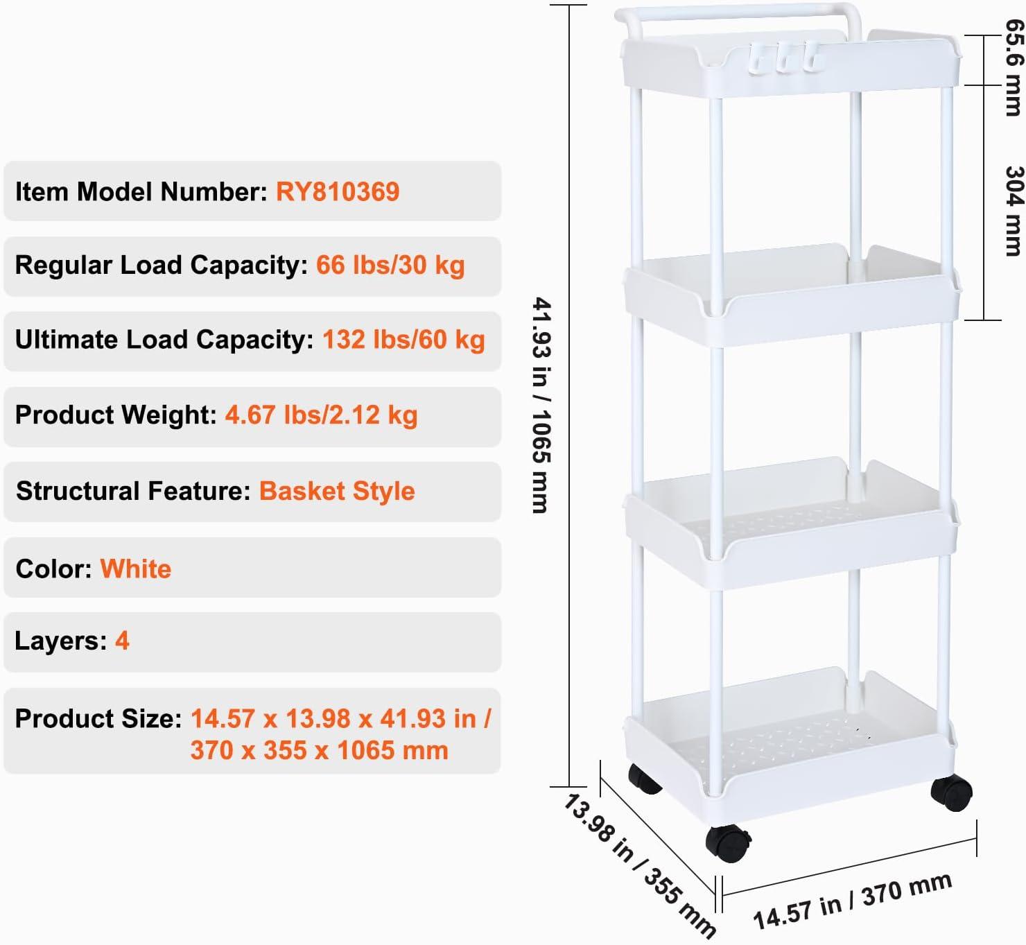 Leadrop 4-Tier Rolling Utility Cart with Drawer Multifunctional Storage Organizer with Polypropylene Wheels Rolling Storage Cart for Kitchen, Living Room, Office (White)