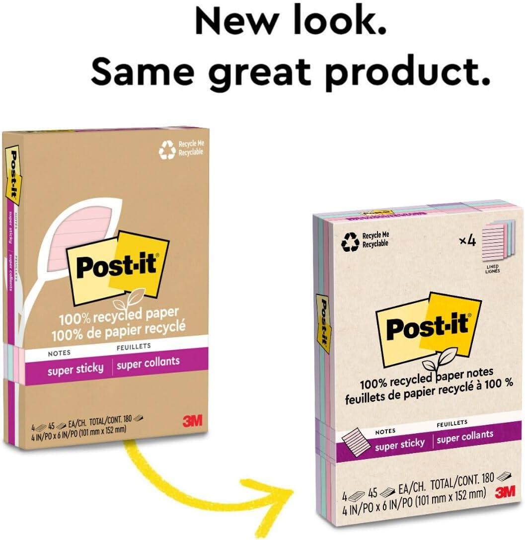 Post-it Recycled Super Sticky Notes 4"x6" Pastels: Large Unbound Multicolored Sticky Notes, 180 Sheets, 100% Recycled Paper