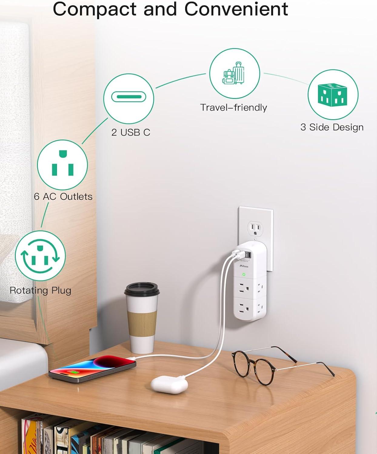 White 6-Outlet Extender with USB-C and USB-A Ports