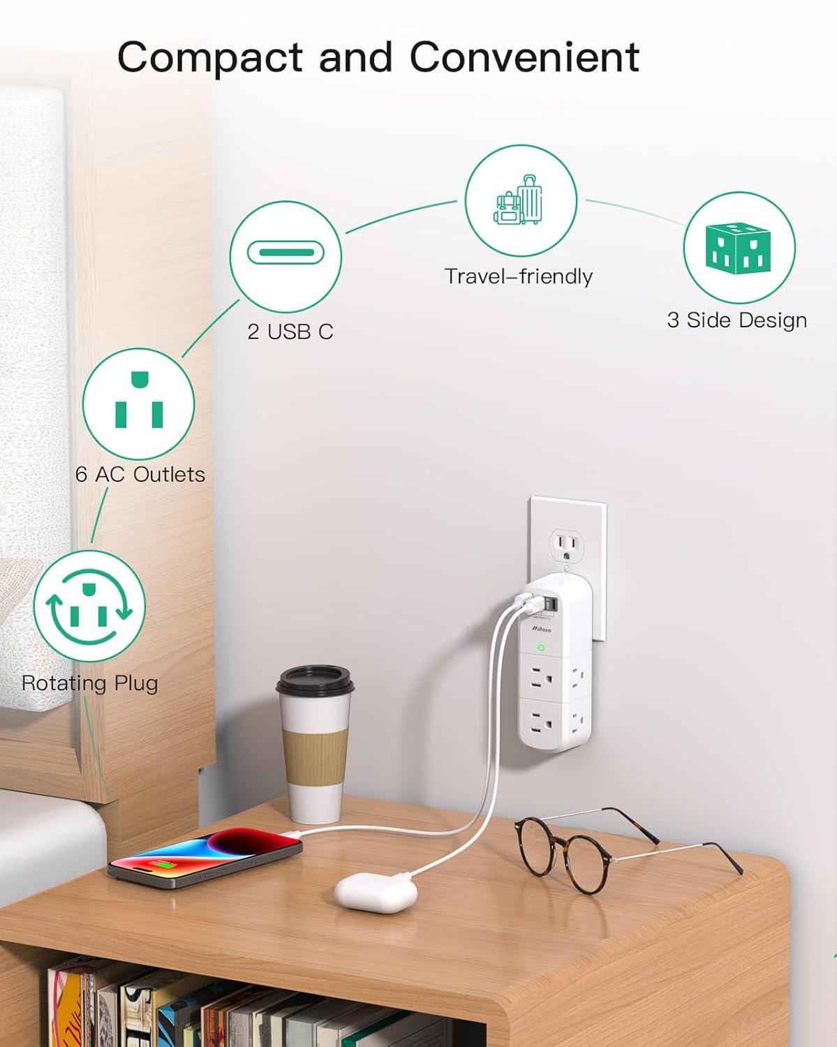 Cruise Ship Essentials - Outlet Extender with Rotating Plug, 6 AC Outlets with USB Charging Ports, Multi Plug Wall Outlet USB C Charger Hub, Non Surge Protector Non Extension Cord