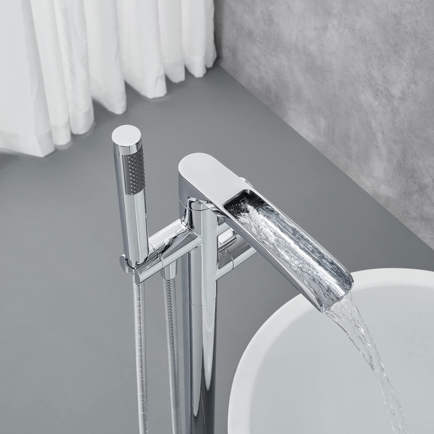 Tub Filler, Freestanding Bathtub Faucet, Floor Mounted Brass Bathroom Tub Faucets with Hand Shower, Chrome