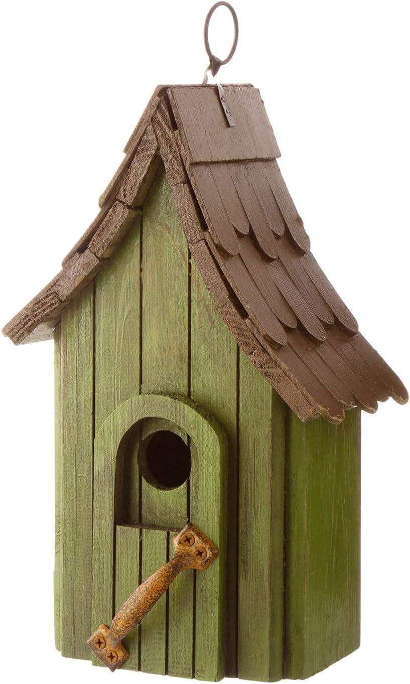 Green Hand Painted Wood Birdhouse with Distressed Details