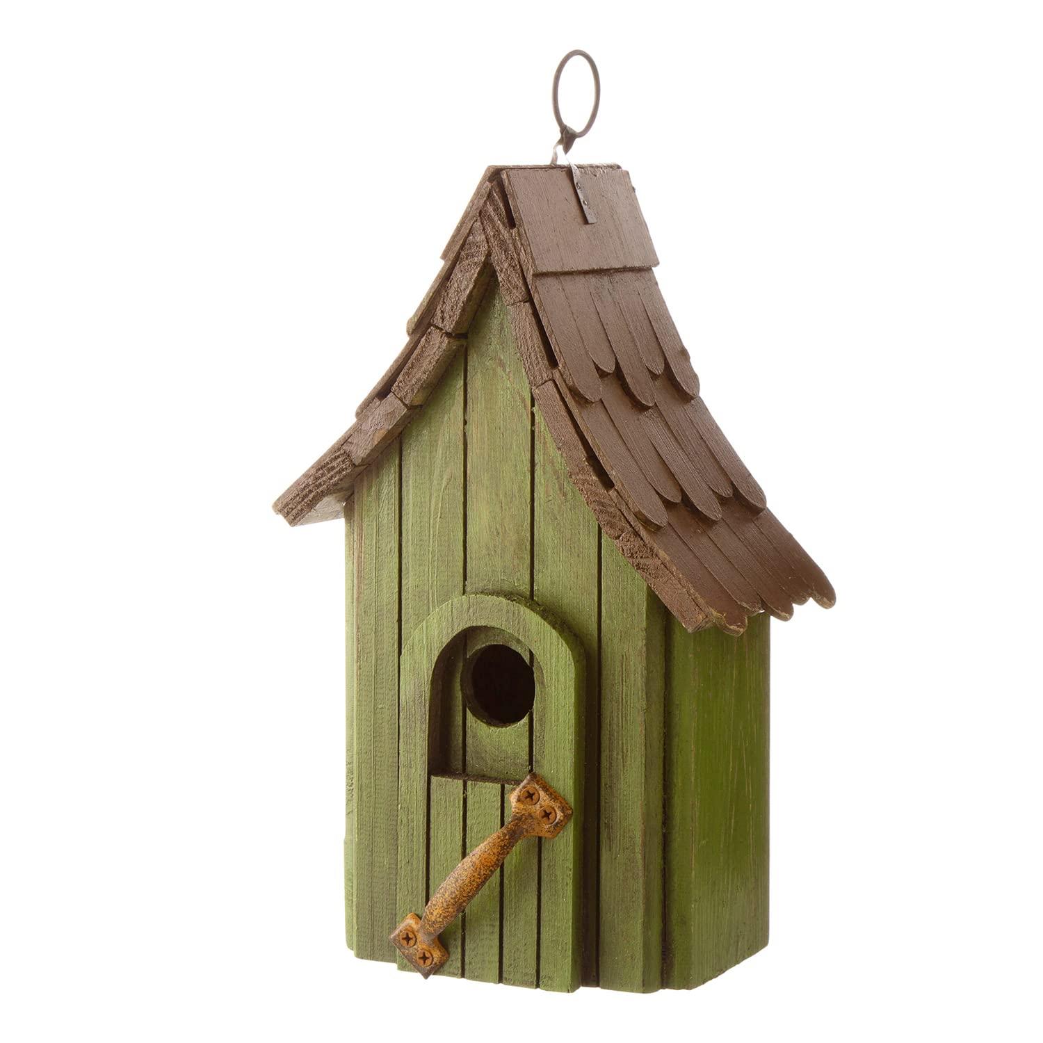 Green Hand Painted Wood Birdhouse with Distressed Details