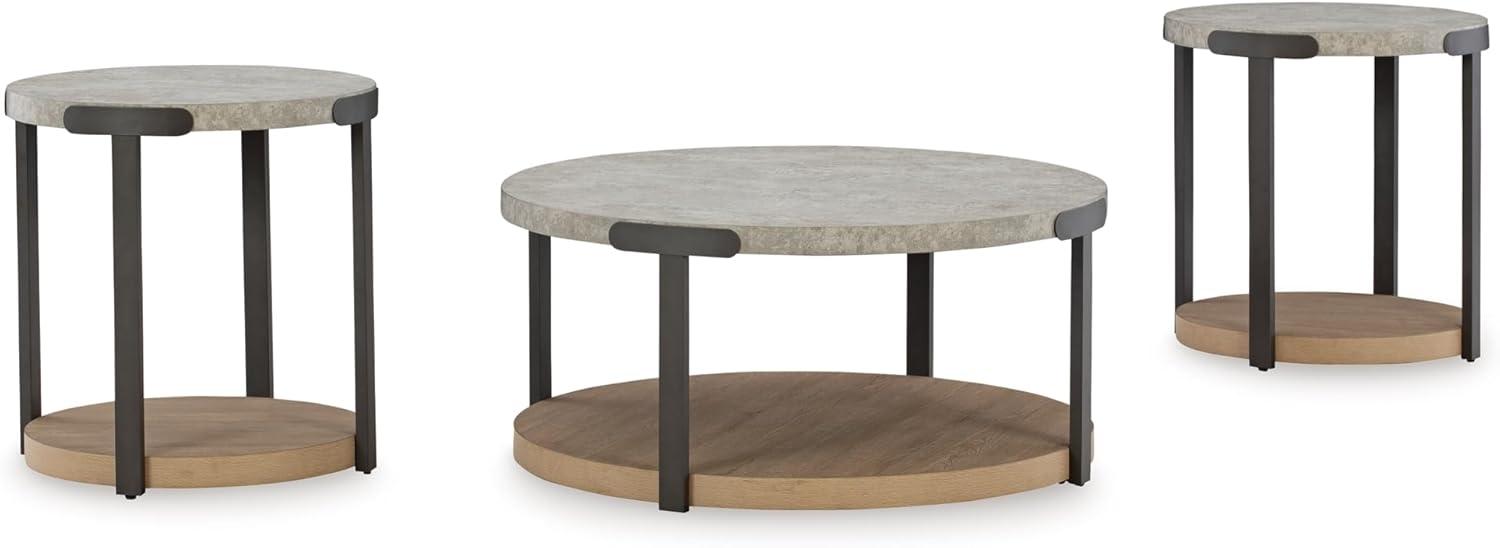 Round Light Brown and Gray MDF Metal Table Set with Lower Shelf