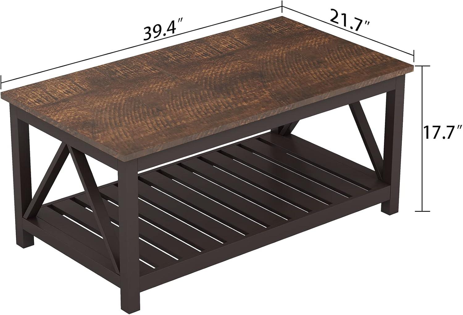 Espresso Rectangular Rustic Coffee Table with Storage Shelf