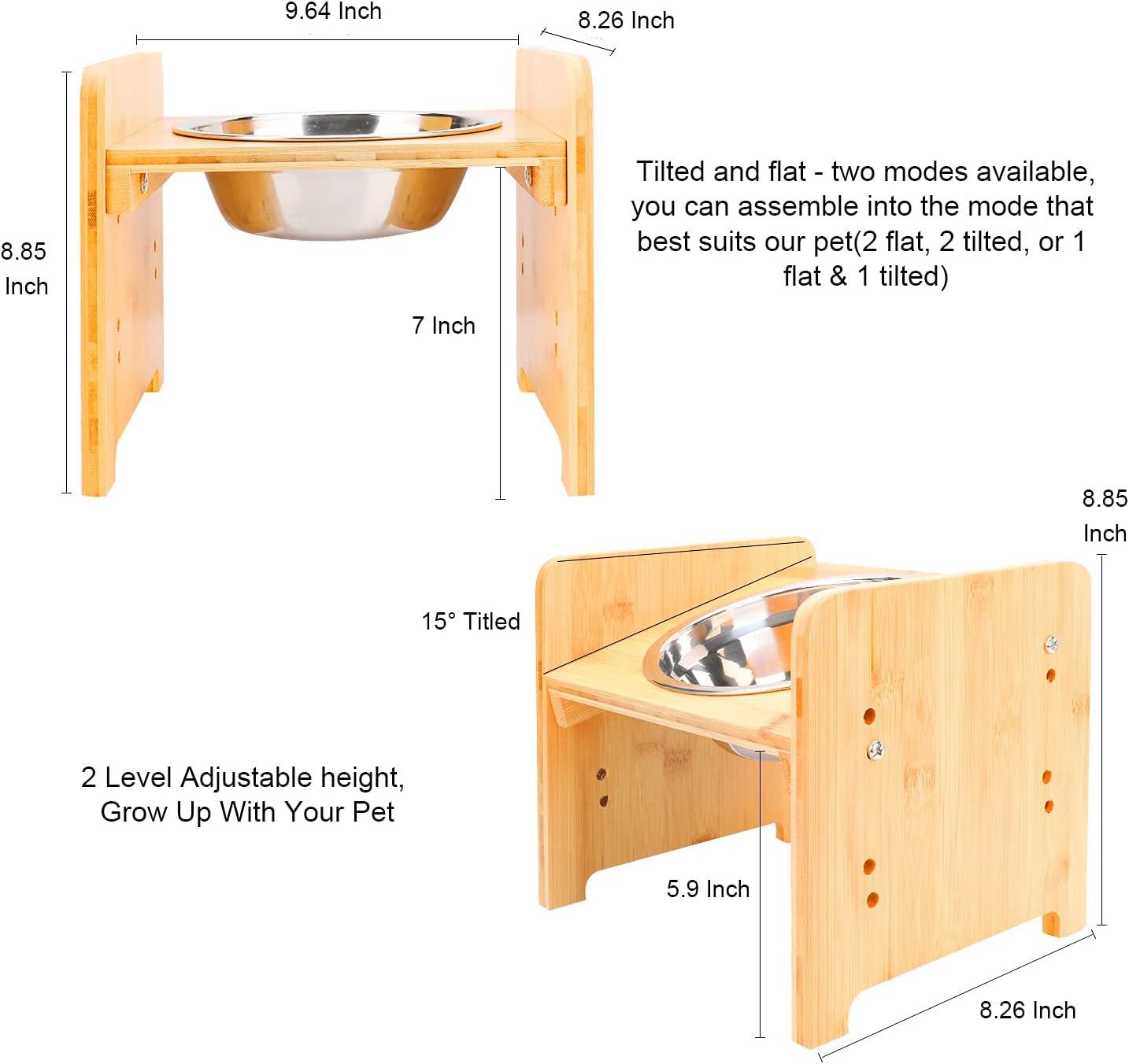 YY FOREYY Juego de 2 Tazones Elevados para Perros y Gatos, Tazones de Agua y Comida para Perros con Inclinación de Bambú, Comedero con 3 Tazones de Acero Inoxidable y Patas Antideslizantes para una Alimentación Cómoda