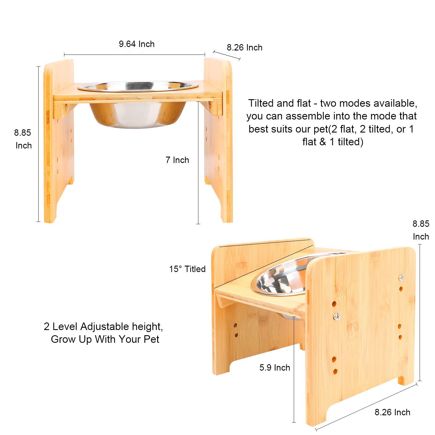 YY FOREYY Juego de 2 Tazones Elevados para Perros y Gatos, Tazones de Agua y Comida para Perros con Inclinación de Bambú, Comedero con 3 Tazones de Acero Inoxidable y Patas Antideslizantes para una Alimentación Cómoda