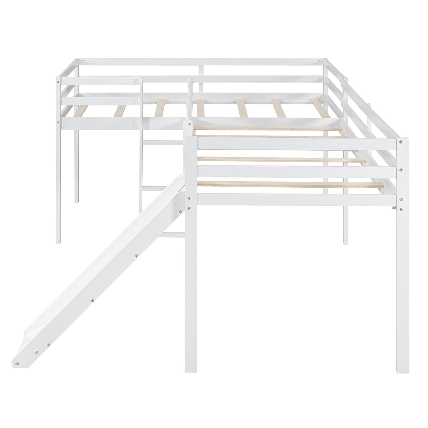 Two Loft Bed L Shaped Twin Bunk Bed with Ladders and Slide, Bunk Bed for Family, Kids, Teens, No Box Spring Needed