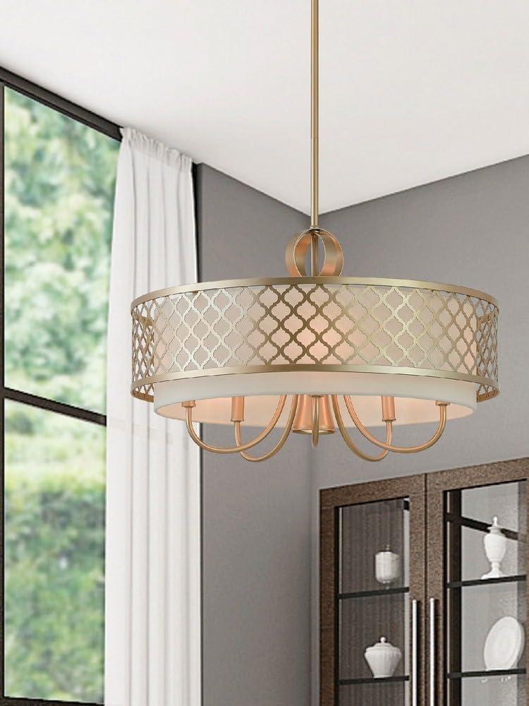 Brushed Nickel 6-Light Drum Chandelier with Off-White Shade