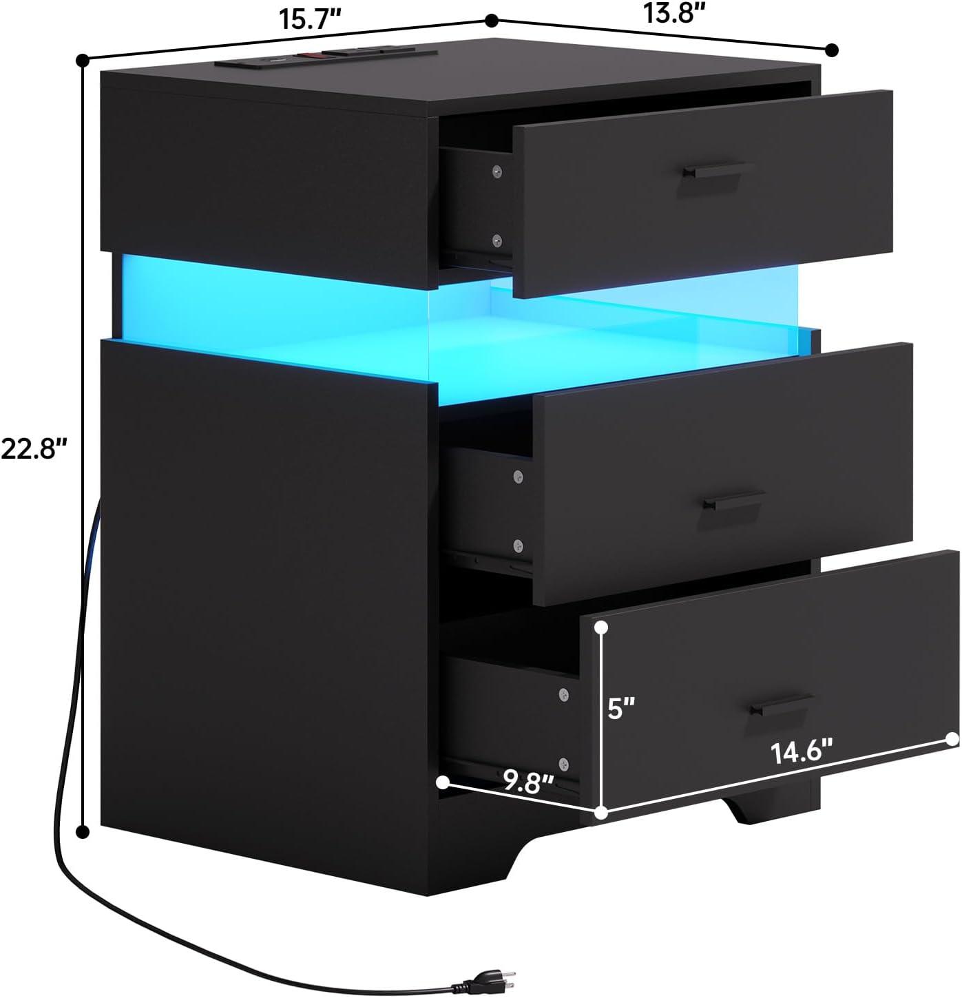 Nightstand with Acrylic LED Light, End Side Table with Charging Station and 3 Drawers, Bedside Table for Bedroom, Black