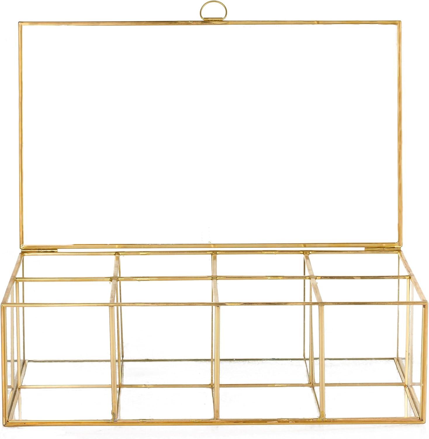 NCYP Glass Tea Bags Organizer, 12" x 7.1" x 3.7" Sugar Packets Storage Box - 8 Grids Compartments Jewelry Container, Indoor Counter Top Brass Display Case with Lid, Gold Decor (Glass Box Only)