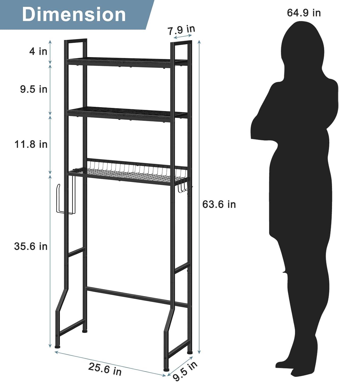 Over The Toilet Storage Over Toilet Rack Bathroom Organizer 3 Tier Toilet Shelf with 4 Hooks and Toilet Paper Holder Freestanding Bathroom Stand Over Toilet Save Space, Black