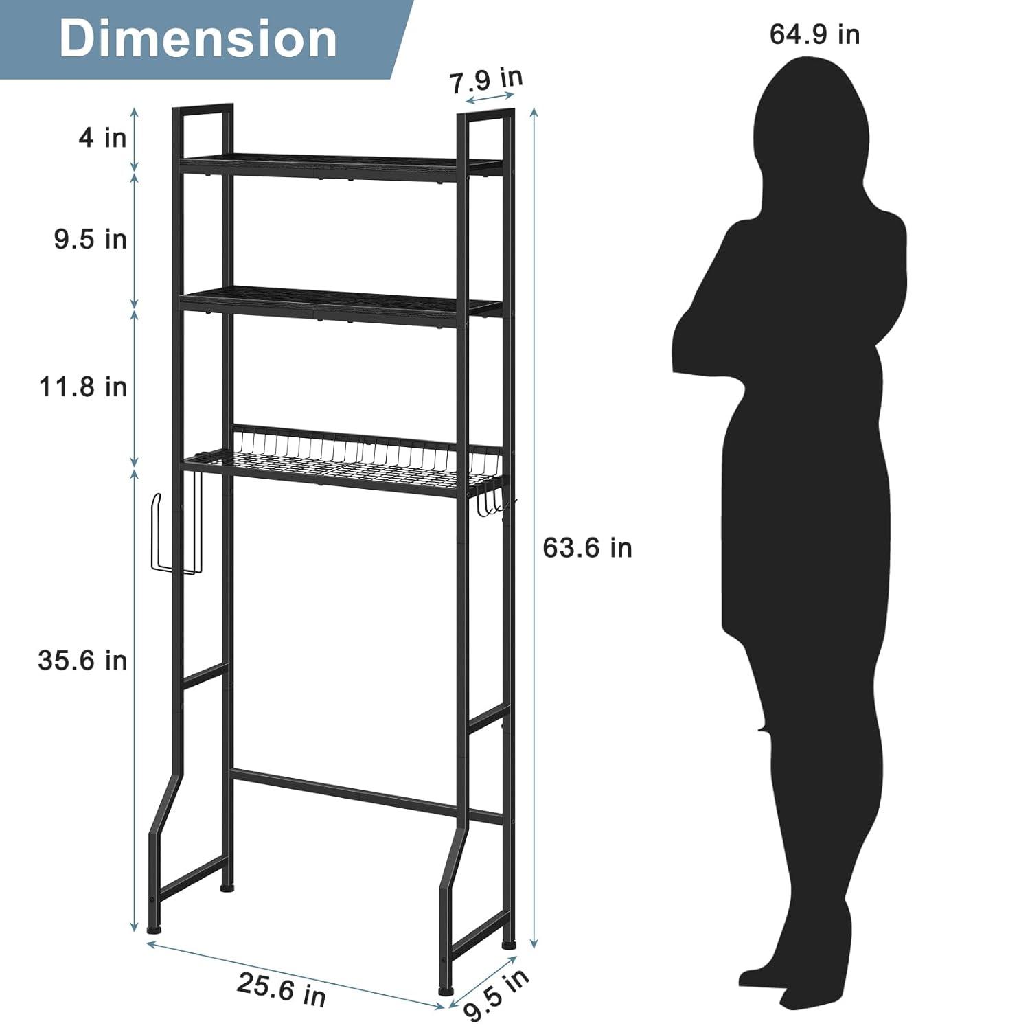 Over The Toilet Storage Over Toilet Rack Bathroom Organizer 3 Tier Toilet Shelf with 4 Hooks and Toilet Paper Holder Freestanding Bathroom Stand Over Toilet Save Space, Black