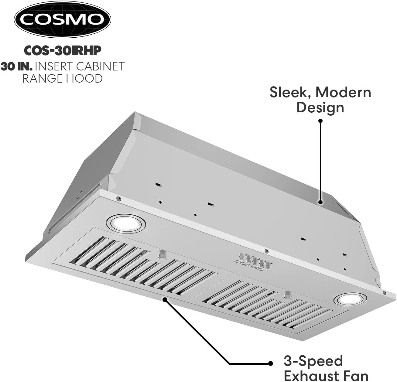 Cosmo 30 in. Insert Range Hood w/ Push Button Controls, 3-speed Fan, LED Lights and Permanent Filter