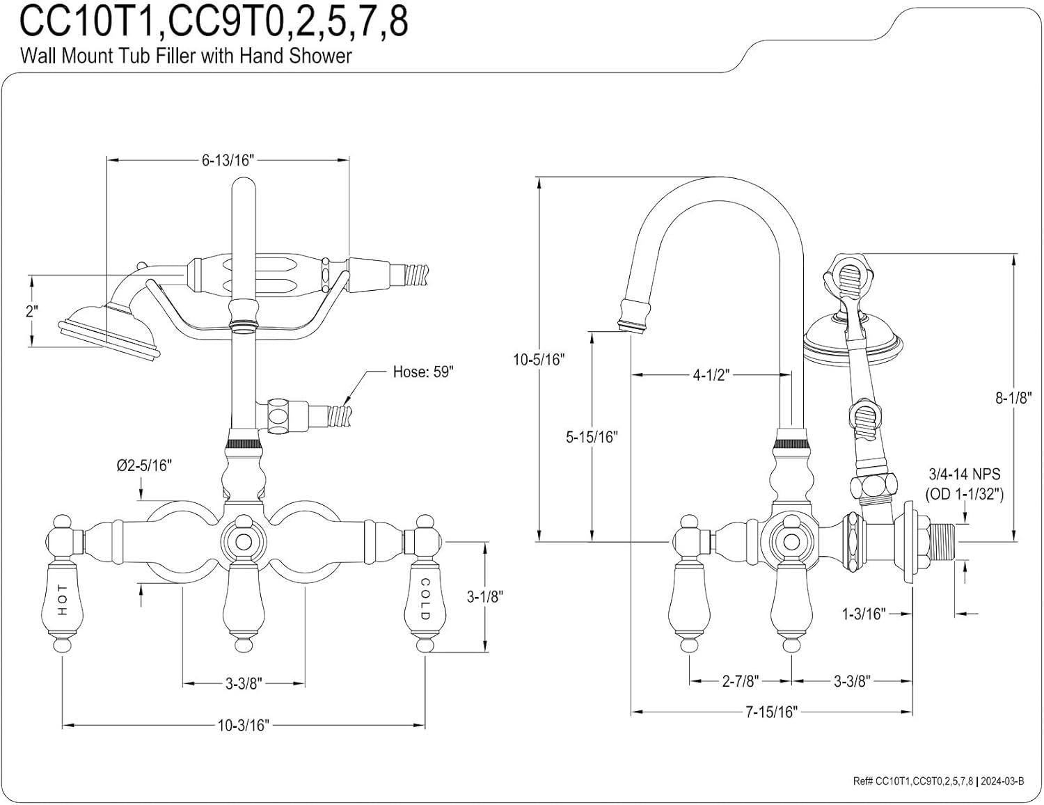 Kingston Brass Vintage Three-Handle 2-Hole Tub Wall Mount Clawfoot Tub Faucet with Hand Shower