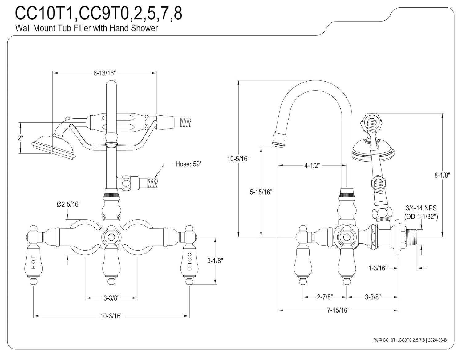 Kingston Brass Vintage Three-Handle 2-Hole Tub Wall Mount Clawfoot Tub Faucet with Hand Shower