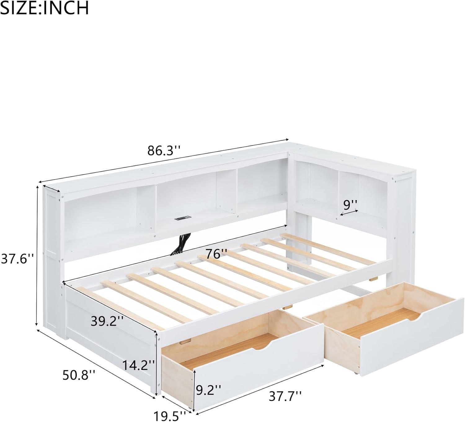 JFC Twin Size Solid Wood Daybed L Shape Corner Bed Sofa Bed w/Storage Shelves and 2 Drawers for Living Room Bedroom