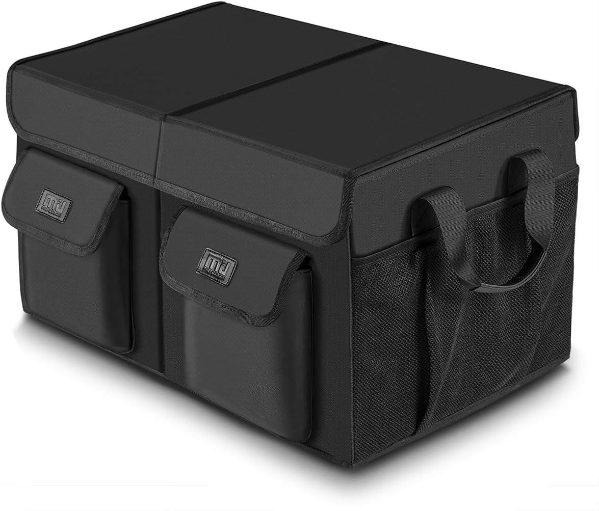 MIU COLOR Car Trunk Organizer with Lid, Collapsible Car Storage Organizer with Reinforced Leather Handles, Non-Slip Bottom, Trunk Organizer for SUV, Van, Jeep (Black with Strap, Extra Large)