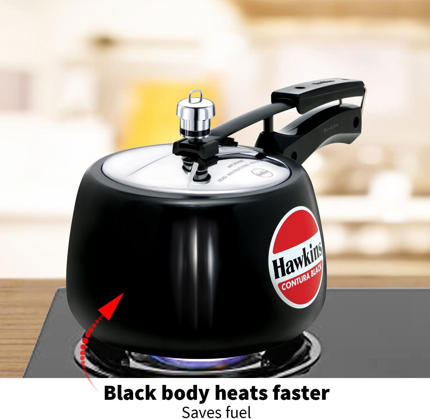 Hawkins 3L Hard Anodized Pressure Cooker: Aluminum, Locking Lid, Cool Touch Handle, Hand Wash, Black