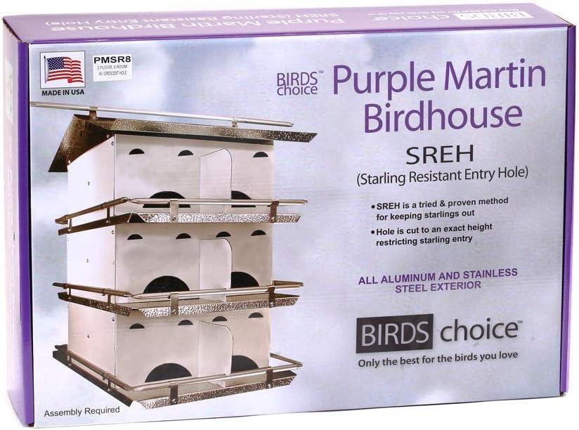 Birds Choice Pequeña Casa para Pájaros Martin Morada de 2 Niveles y 8 Habitaciones con Entradas Resistentes a los Estornudos, Blanco/gris