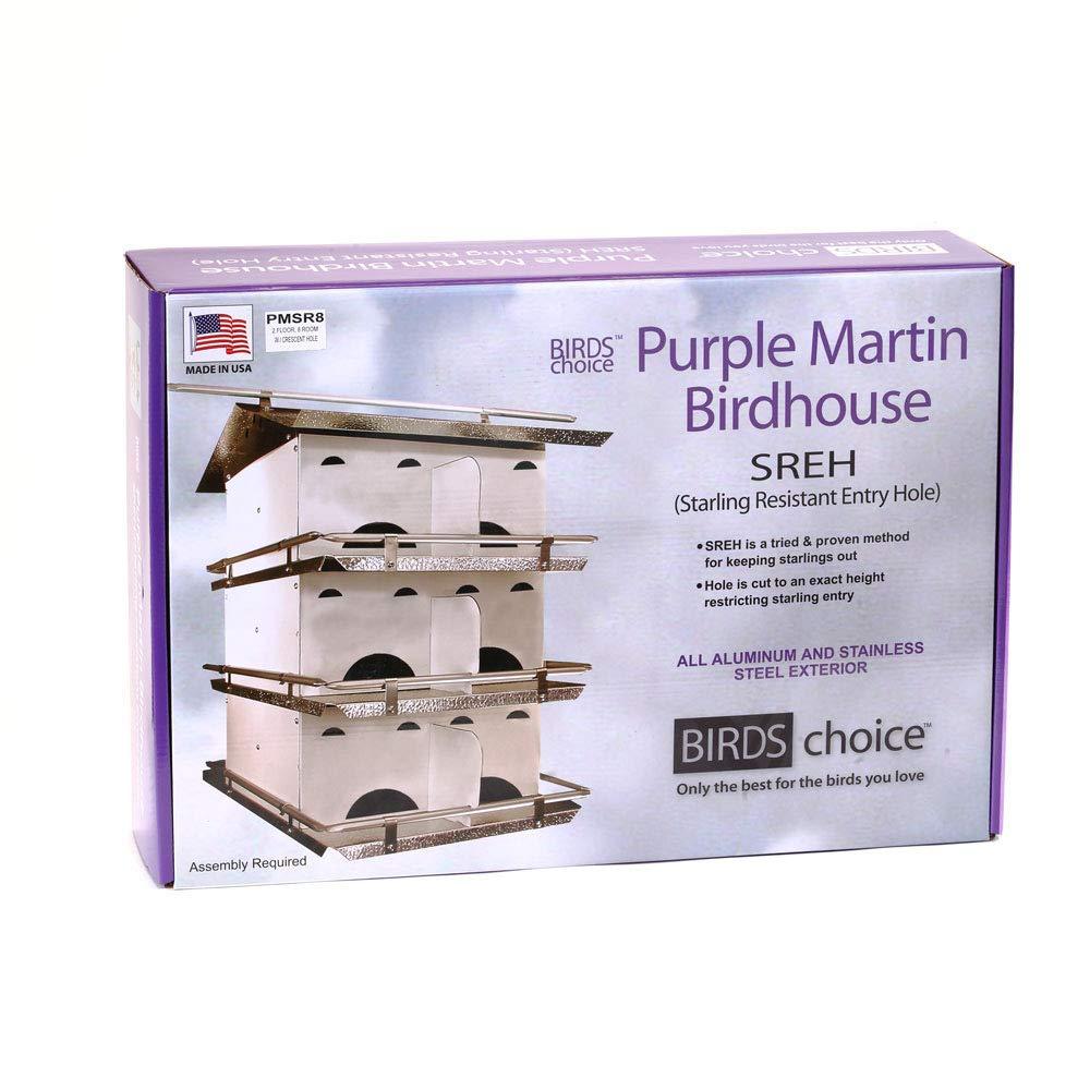 Birds Choice Pequeña Casa para Pájaros Martin Morada de 2 Niveles y 8 Habitaciones con Entradas Resistentes a los Estornudos, Blanco/gris